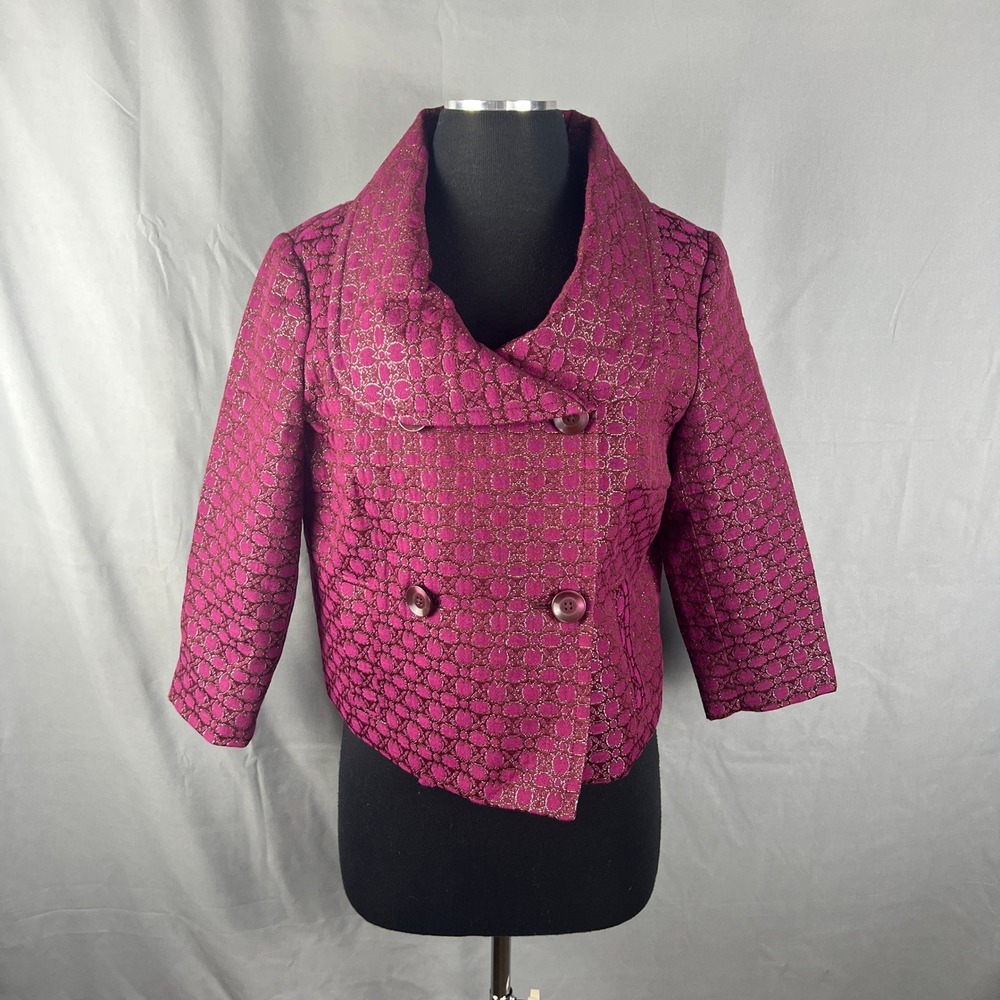 Isaac Mizrahi Crop Jacket Women 12 Vibrant Magenta Floral Double Breasted Formal
